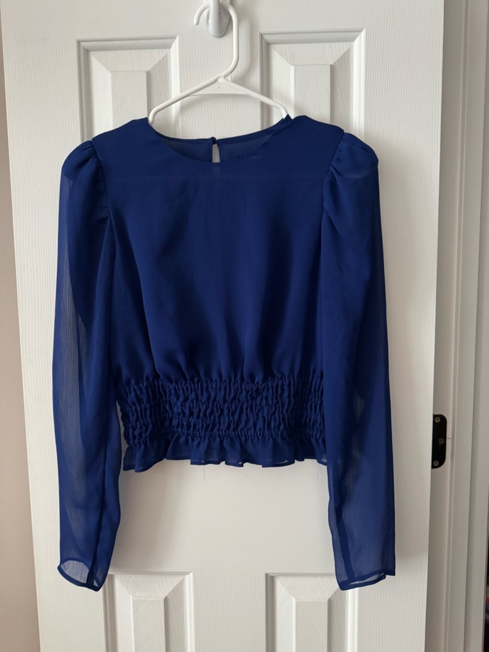 Express Royal Blue Long-Sleeve Smocked Waist Blouse